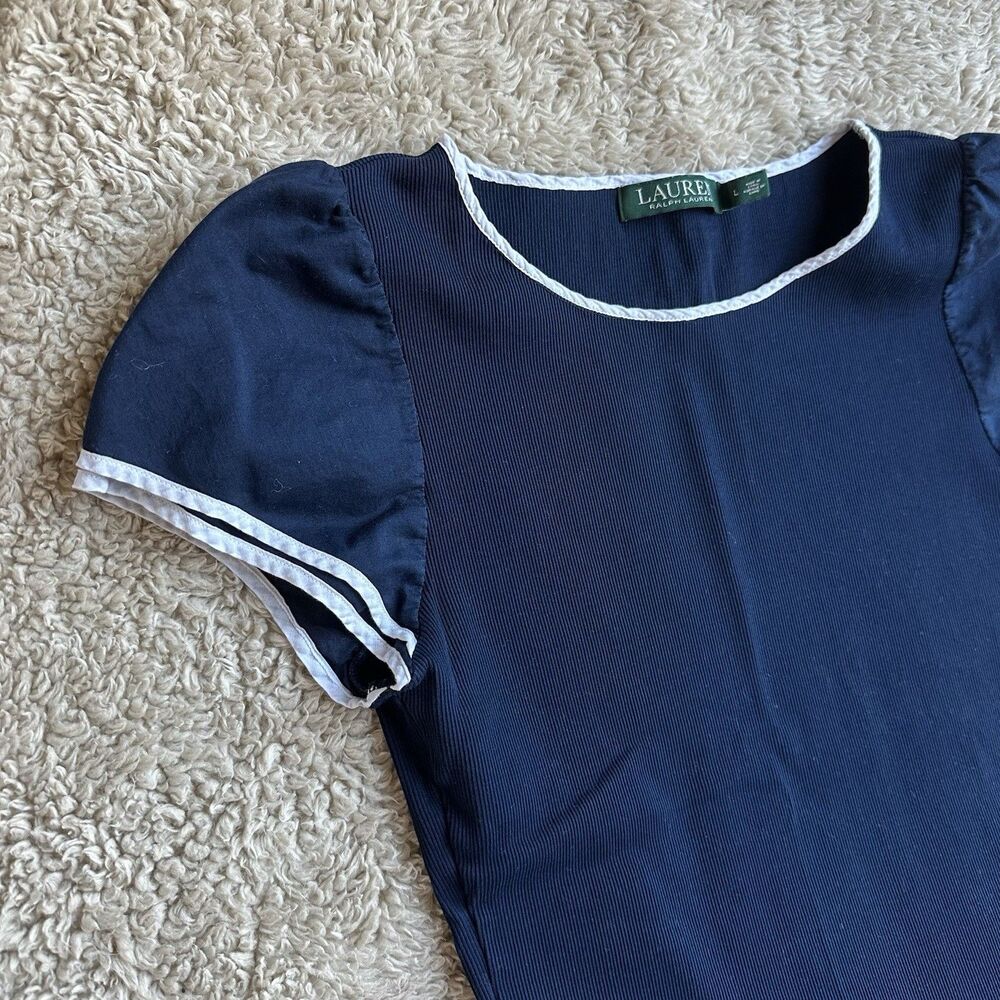 Lauren Ralph Lauren Cap Sleeve Top Womens L Ribbed Knit Nautical Preppy Shirt - Picture 2 of 11